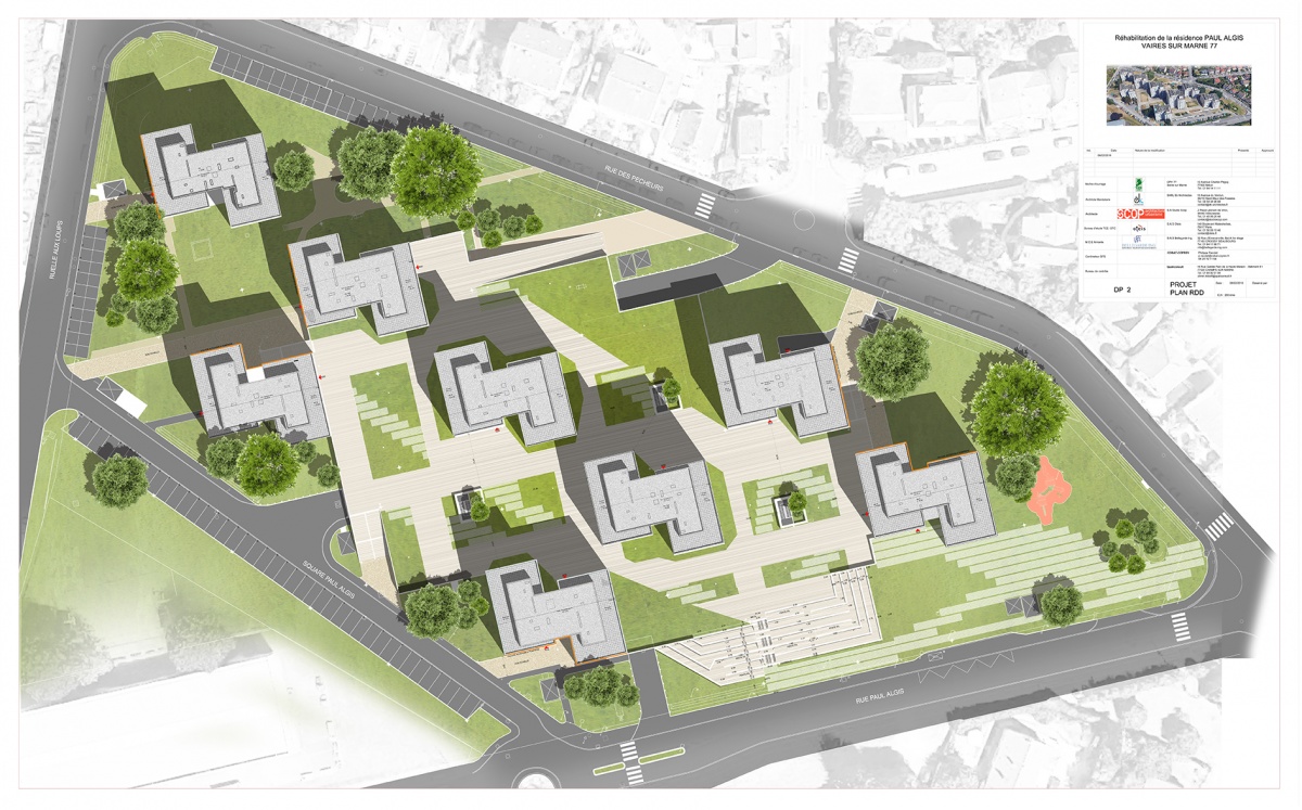 Réhabilitation de 213 logements sociaux + aménagement paysager à Vaires-sur-Marne : Vaires-Paul-Algis-Plan masse projet 200