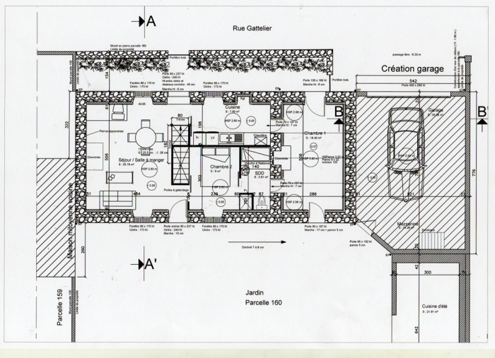 Sur�l�vation d'une maison et construction d'un garage : Plan RDC 