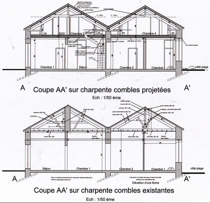 R�novation d'une maison et am�nagement de combles : Coupe combles existant et projet