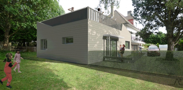 Cabinet para-médical et terrasse en extension d'une maison existante : Vue depuis le jardin