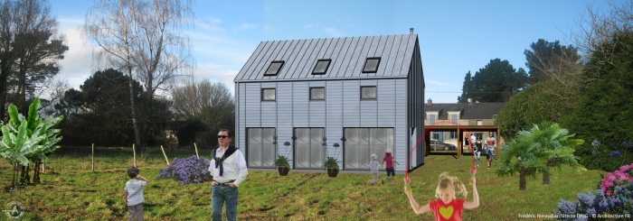 Construction � la campagne d'une maison bleue