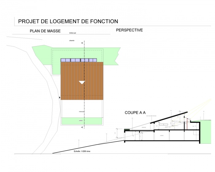 LOGEMENT DE FONCTION ET LOCAUX TECHNIQUES � Calvisson : plan de masse et coupe de principe